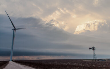 Old and new windmills in front of a supercell in the Texas Panhandle on April 12, 2015