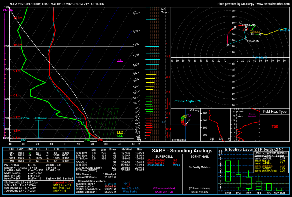 2024-03-13 00Z NAM 45 hour forecast sounding for Jonesboro Arkansas (KJBR)